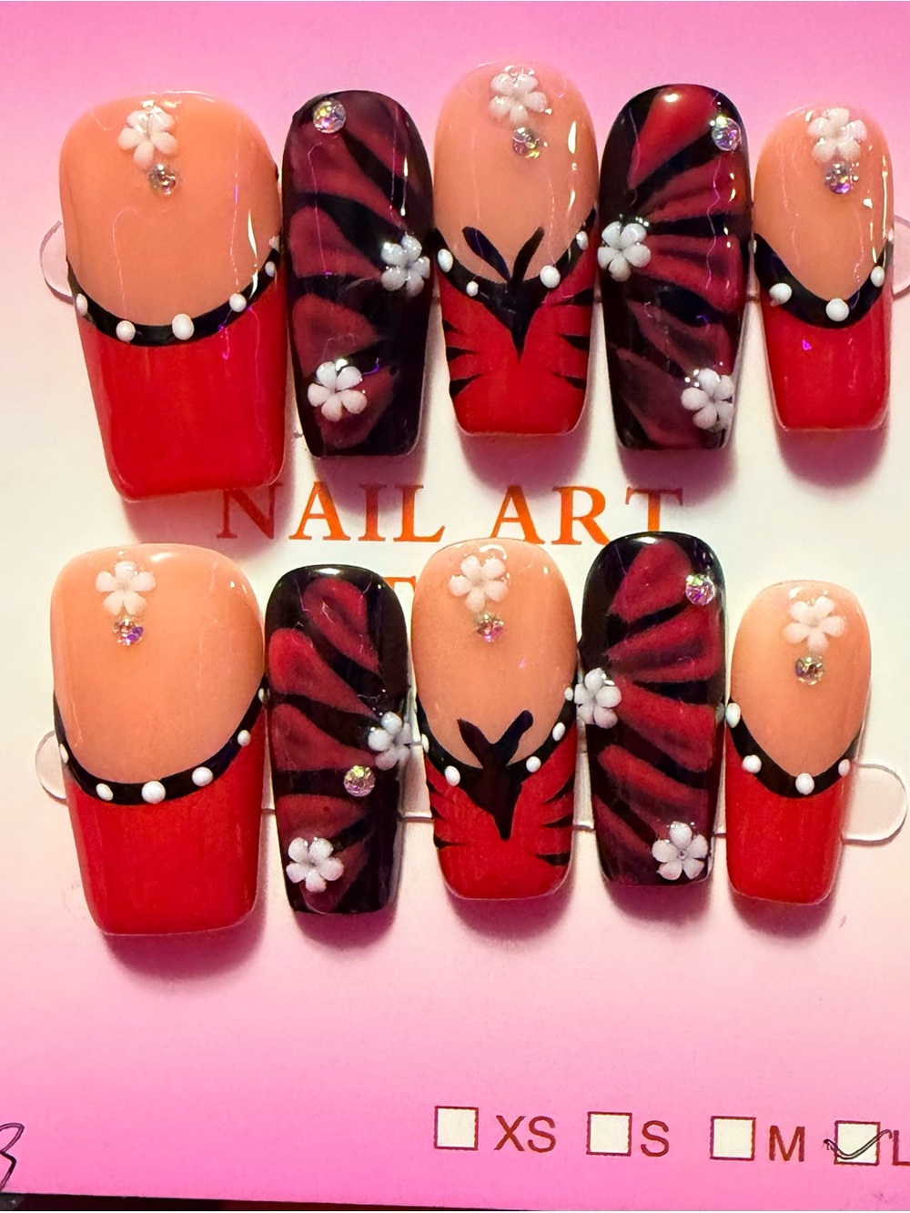 Red & Nude Floral Butterfly Press-On Nail Set - Women Makeup